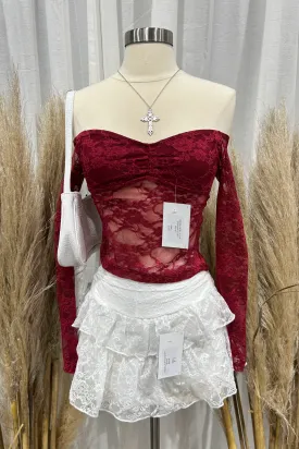 Alexia Lace Long Sleeve Top ( Burgundy Red)