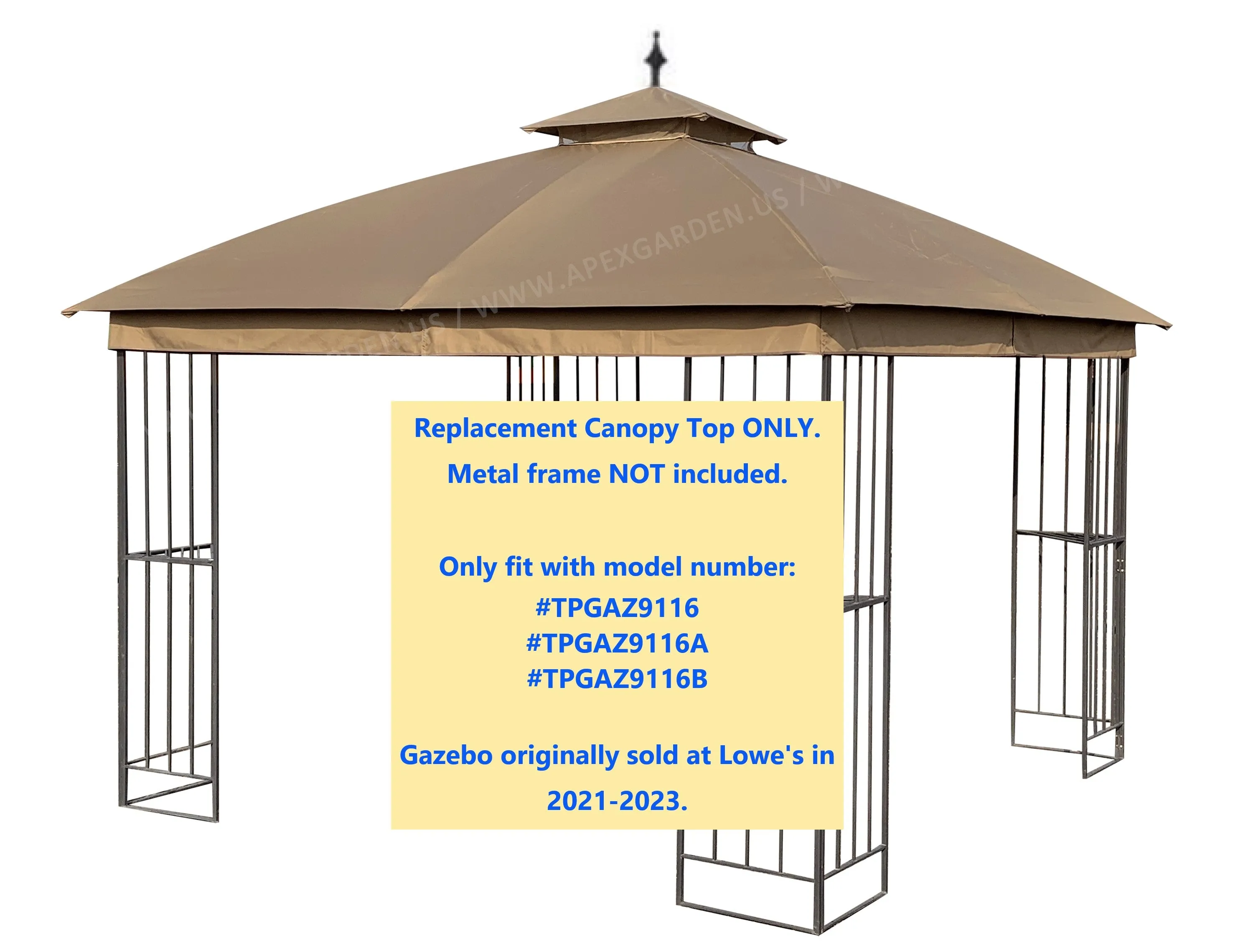 APEX GARDEN Canopy Top for Style Selections 10 ft x 10 ft Brown Metal Square Semi- Gazebo Model #TPGAZ9116 / #TPGAZ9116A / #TPGAZ9116B (Top Only) (Tan)