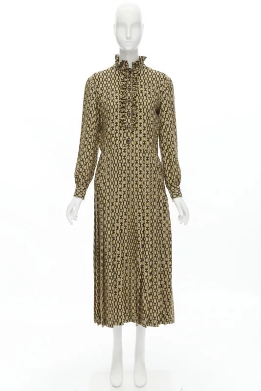 CELINE Hedi Slimane Triomphe chain wool frill collar pleated dress FR38 S