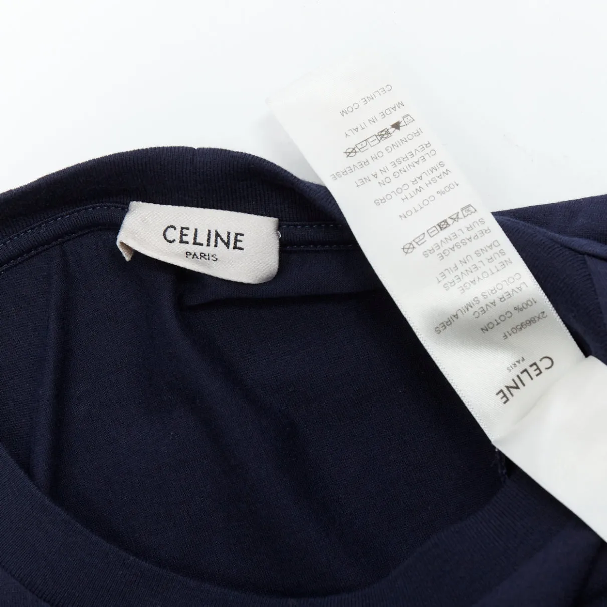 CELINE navy white big varsity Paris logo boxy crew neck crop tshirt XS
