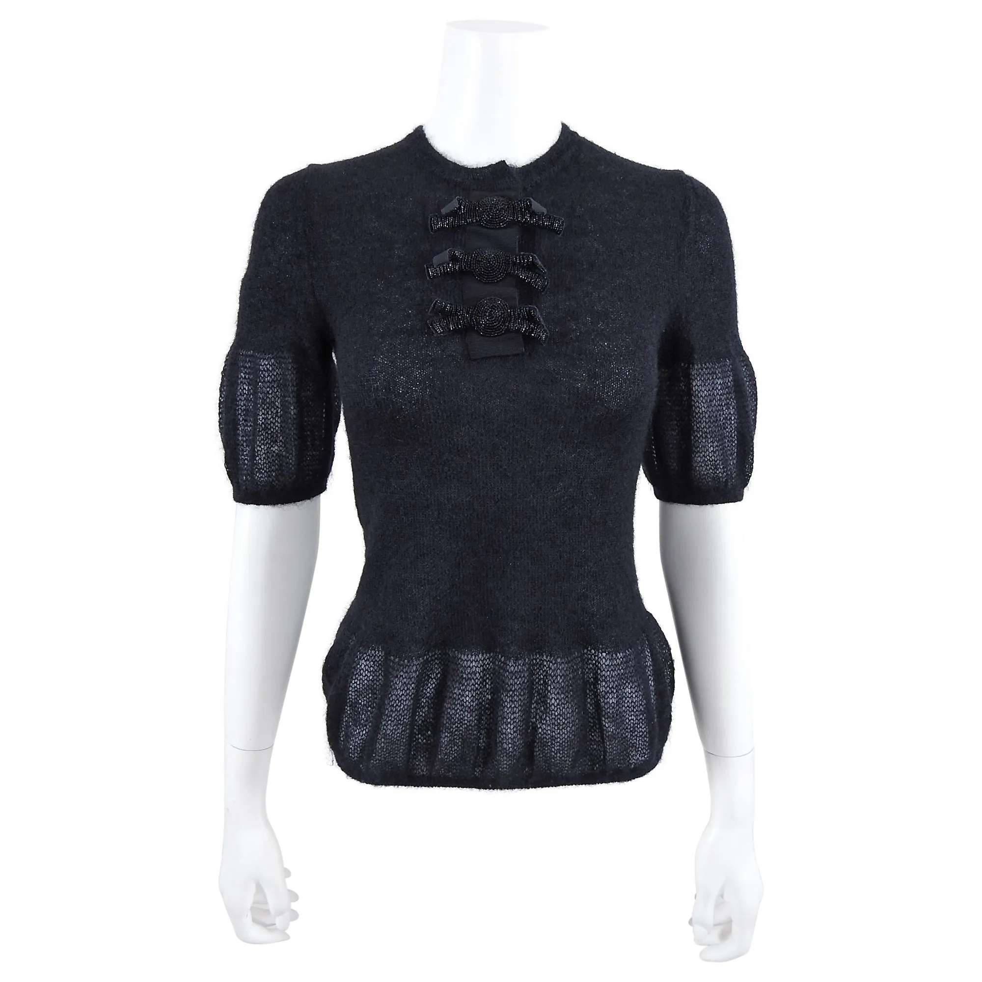 Fendi Black Mohair Short Sleeve Bead Embellished Knit Sweater - IT40 / XS