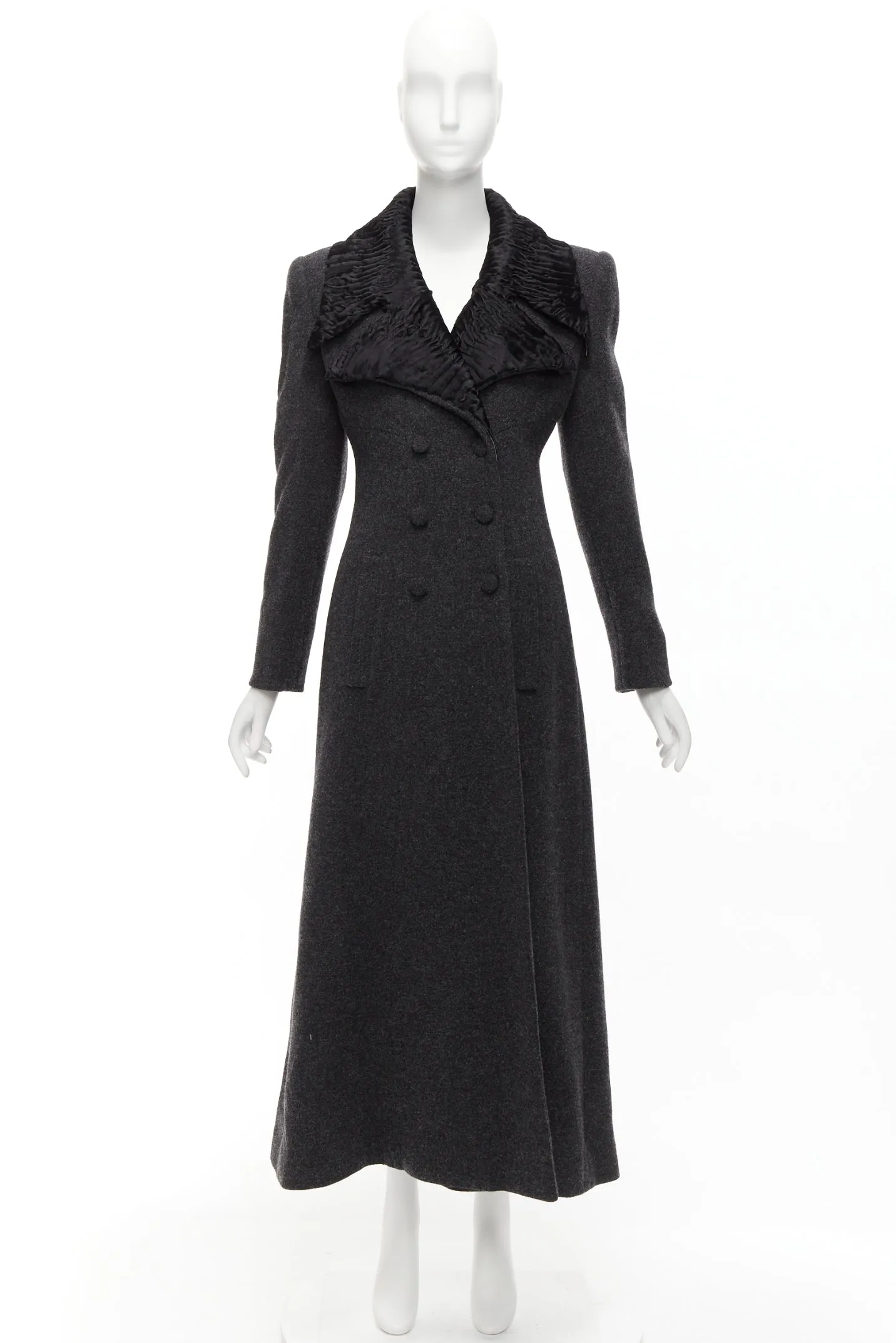 FENDI Vintage Astrakhan fur collar grey virgin wool blend longline coat IT42 M