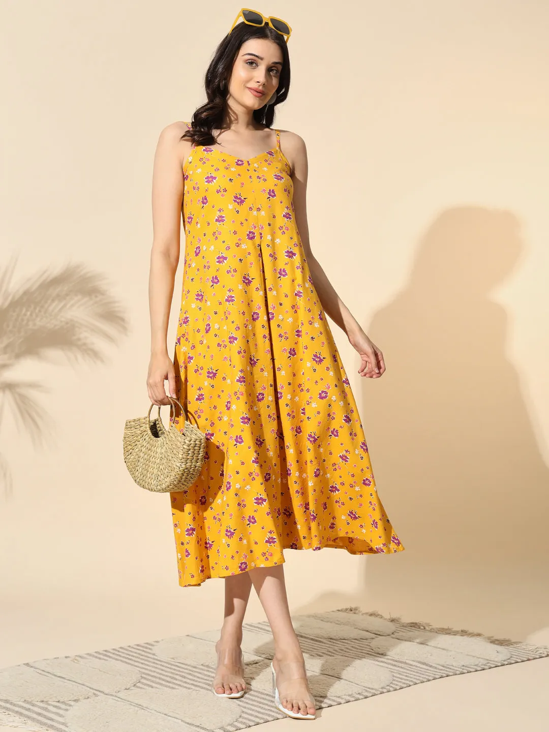 Yellow Floral Print Strap Dress- #DR004